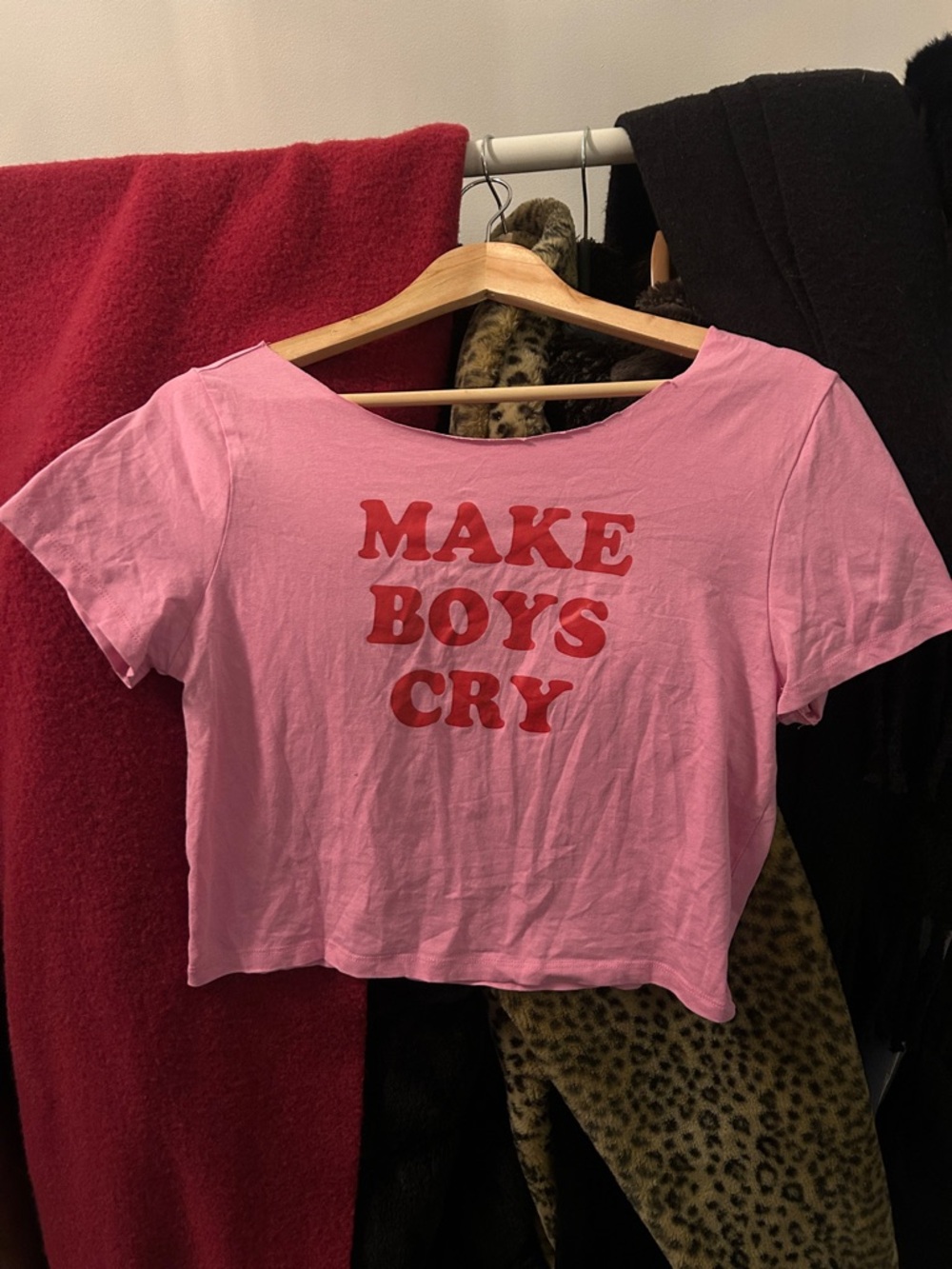Pink Off The Shoulder Crop Tee with Red 'MAKE BOYS CRY' Graphic